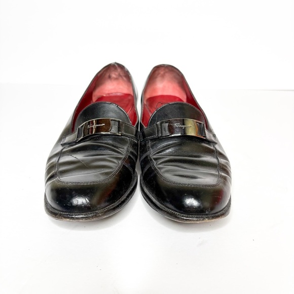 Salvatore Ferragamo Black Leather Penny Loafers Red Interior Size 7.5 Women’s - Picture 2 of 7